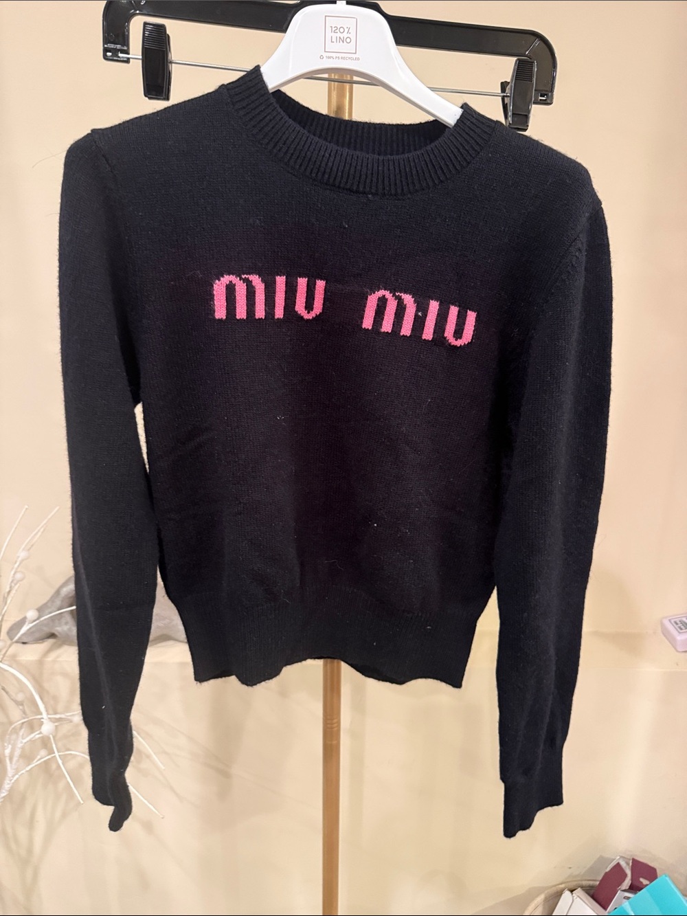 Fashion  Black Crewneck Sweater with Pink Logo